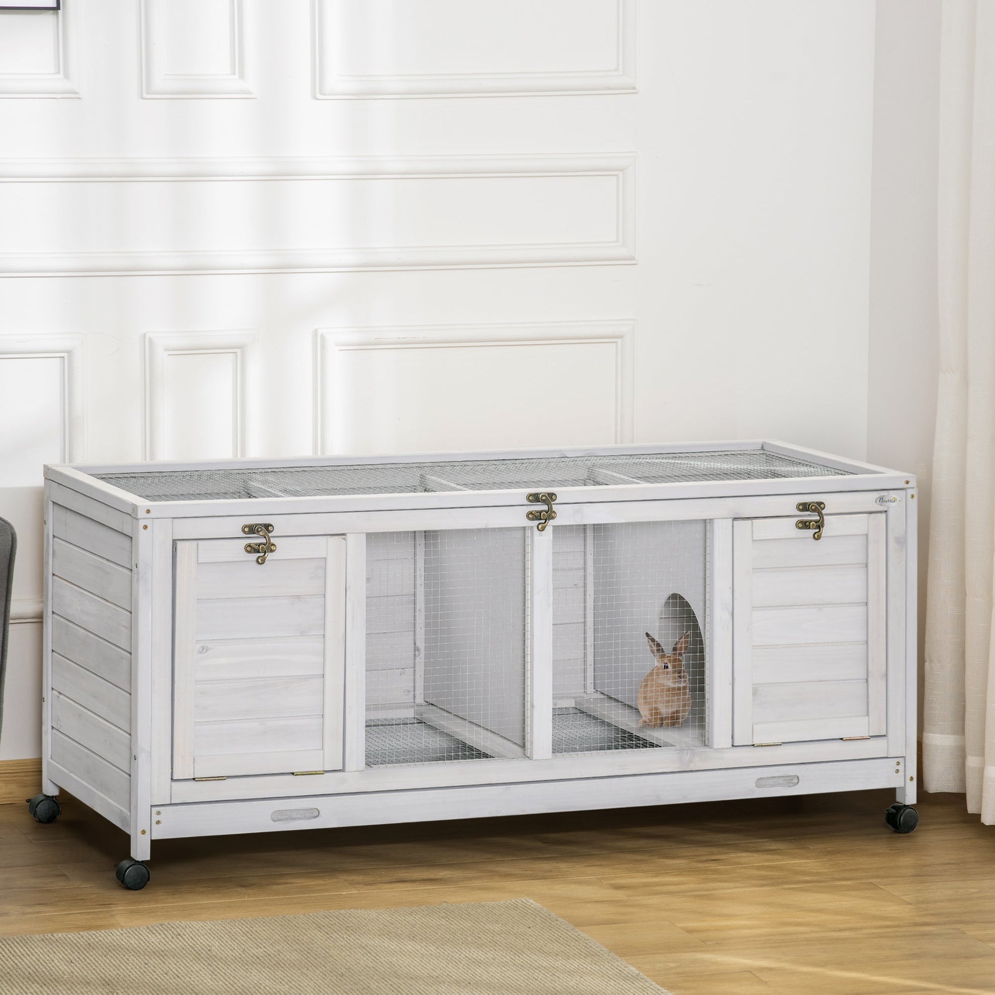 KFX-5864381 Spacious Rabbit Hutch with Wheels and Lockable Doors in Light Gray