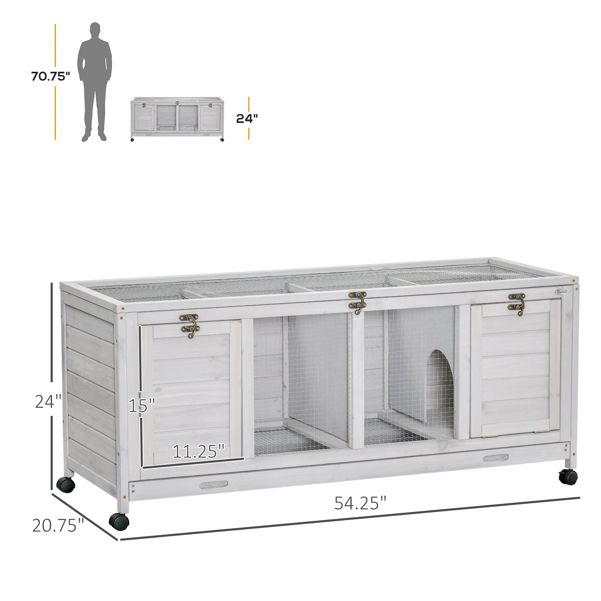 KFX-5864381 Spacious Rabbit Hutch with Wheels and Lockable Doors in Light Gray