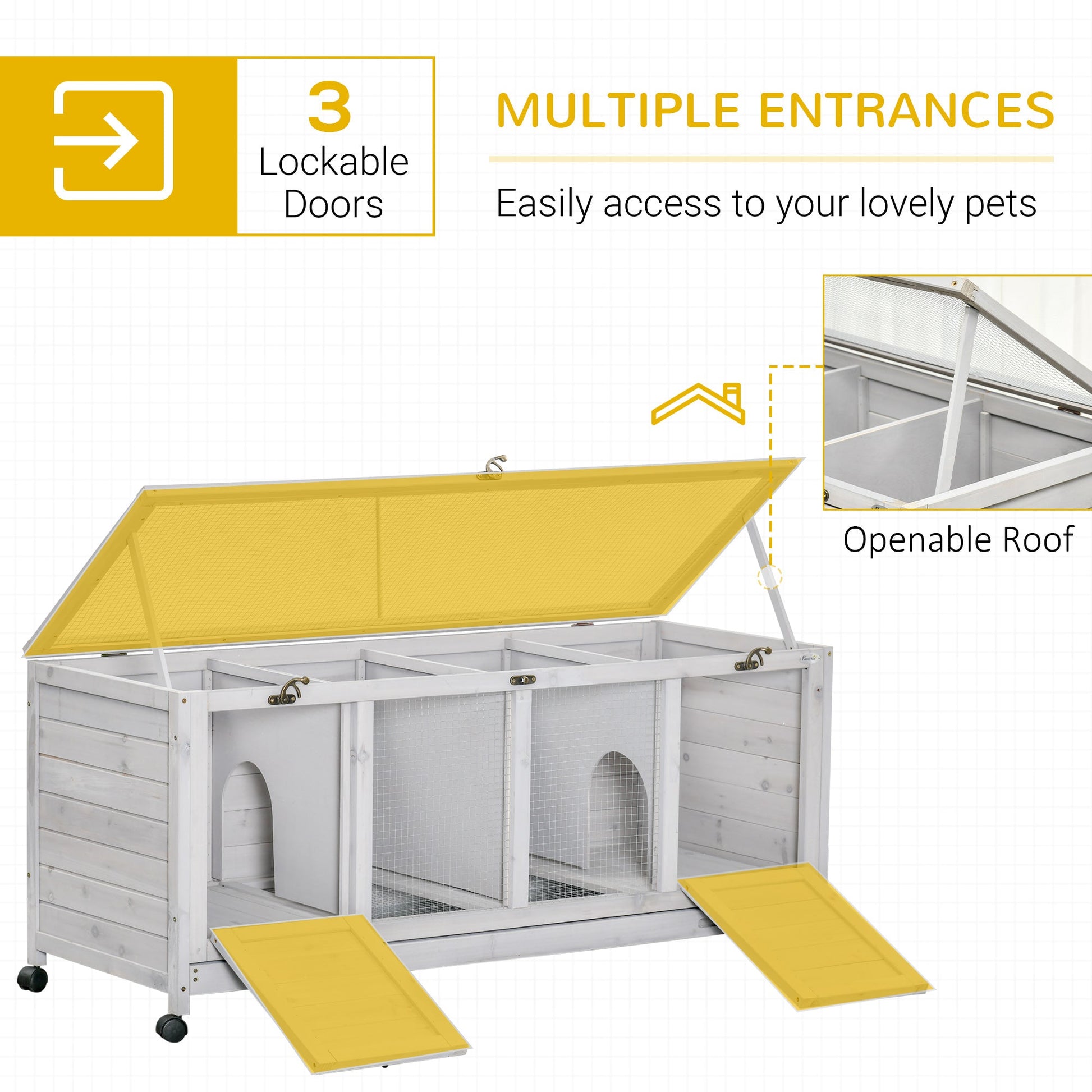 KFX-5864381 Spacious Rabbit Hutch with Wheels and Lockable Doors in Light Gray