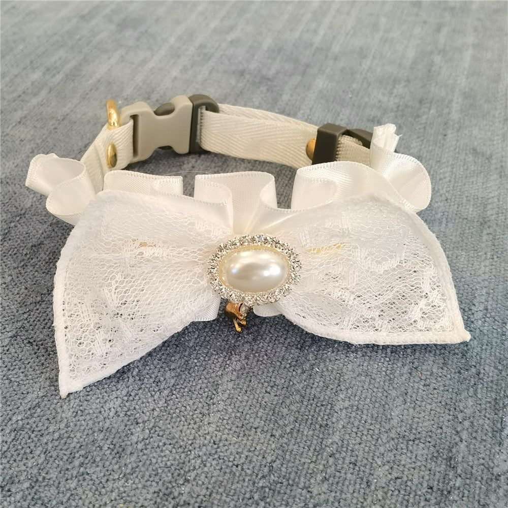 KFX-5868477 Lace and Bowknot Adjustable Pet Collar for Cats - Elegant Short Wedding Dress Style in White