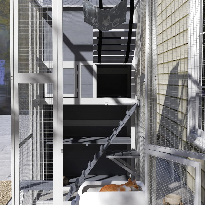 KFX-5870141 Outdoor Cat Enclosure with 4-Tier Design, 3 Platforms, Soft Ladder, Ramps, and Hammock in Gray