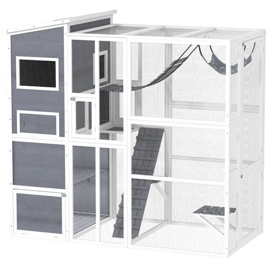 KFX-5870141 Outdoor Cat Enclosure with 4-Tier Design, 3 Platforms, Soft Ladder, Ramps, and Hammock in Gray