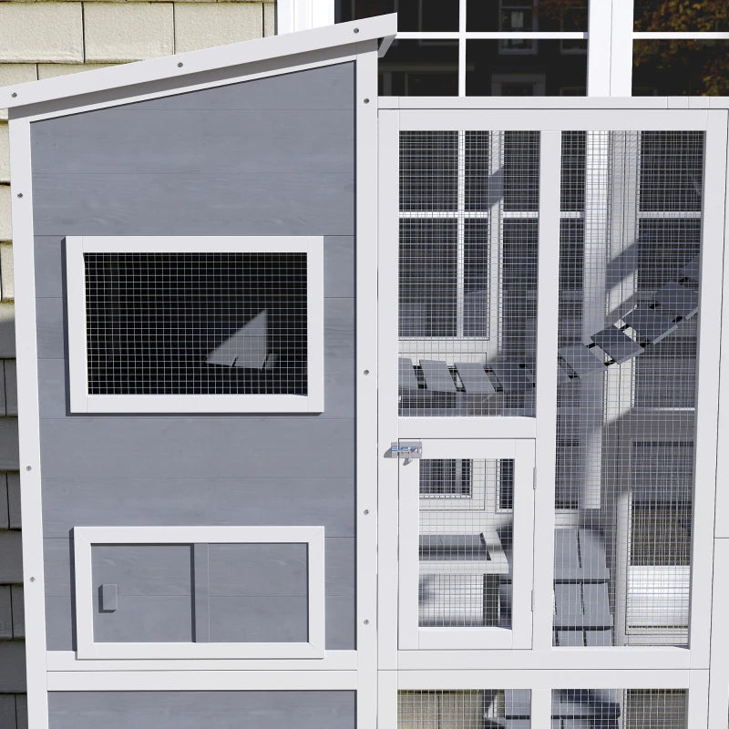 KFX-5870141 Outdoor Cat Enclosure with 4-Tier Design, 3 Platforms, Soft Ladder, Ramps, and Hammock in Gray