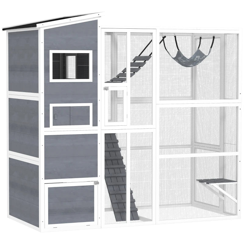 KFX-5870141 Outdoor Cat Enclosure with 4-Tier Design, 3 Platforms, Soft Ladder, Ramps, and Hammock in Gray