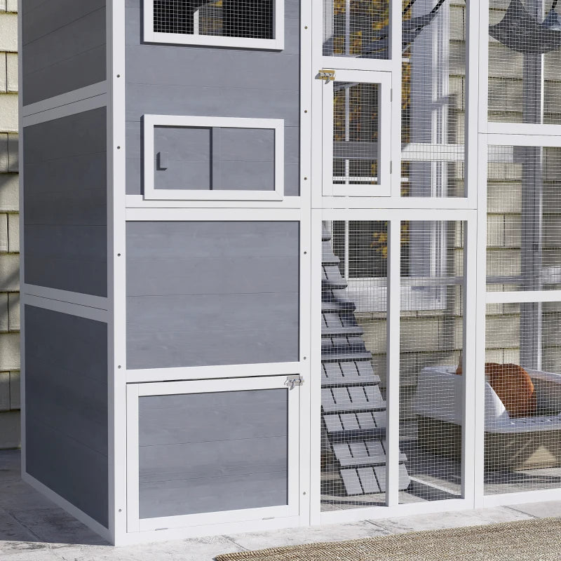 KFX-5870141 Outdoor Cat Enclosure with 4-Tier Design, 3 Platforms, Soft Ladder, Ramps, and Hammock in Gray
