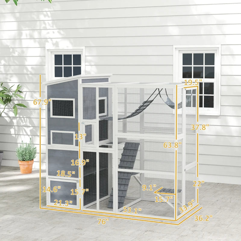 KFX-5870141 Outdoor Cat Enclosure with 4-Tier Design, 3 Platforms, Soft Ladder, Ramps, and Hammock in Gray
