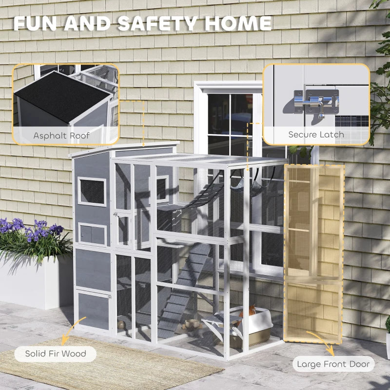 KFX-5870141 Outdoor Cat Enclosure with 4-Tier Design, 3 Platforms, Soft Ladder, Ramps, and Hammock in Gray