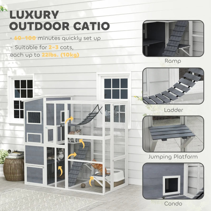 KFX-5870141 Outdoor Cat Enclosure with 4-Tier Design, 3 Platforms, Soft Ladder, Ramps, and Hammock in Gray