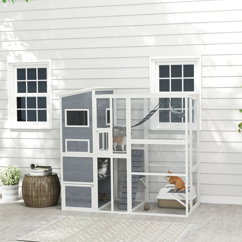 KFX-5870141 Outdoor Cat Enclosure with 4-Tier Design, 3 Platforms, Soft Ladder, Ramps, and Hammock in Gray