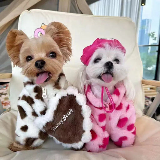 KFX-5882557 Plush Warm Coat for Small Dogs in Pink and Brown, Ideal for Teddy Bichon and Pomeranian