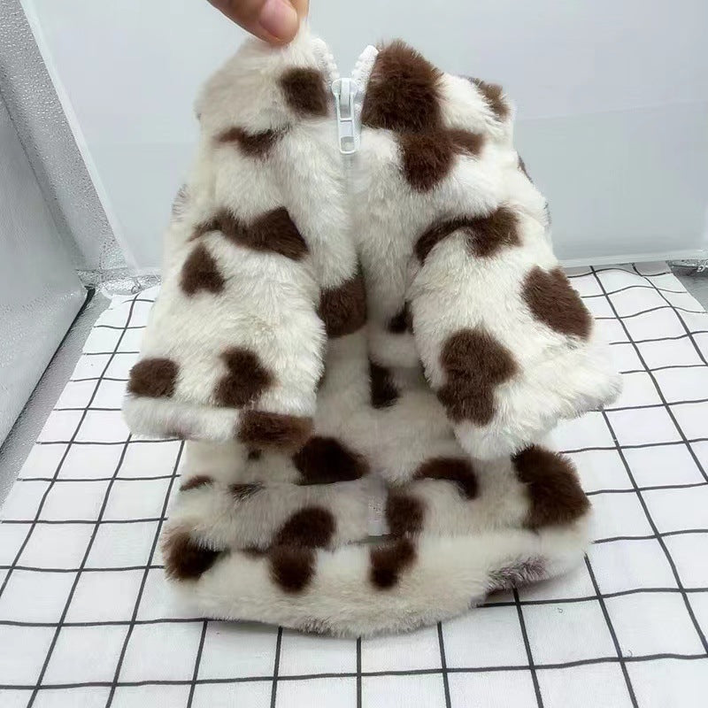 KFX-5882557 Plush Warm Coat for Small Dogs in Pink and Brown, Ideal for Teddy Bichon and Pomeranian