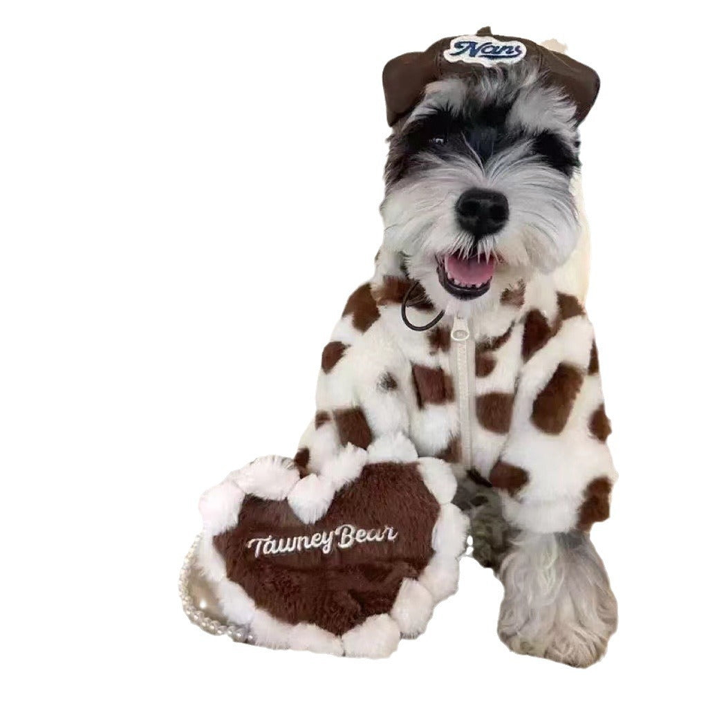 KFX-5882557 Plush Warm Coat for Small Dogs in Pink and Brown, Ideal for Teddy Bichon and Pomeranian