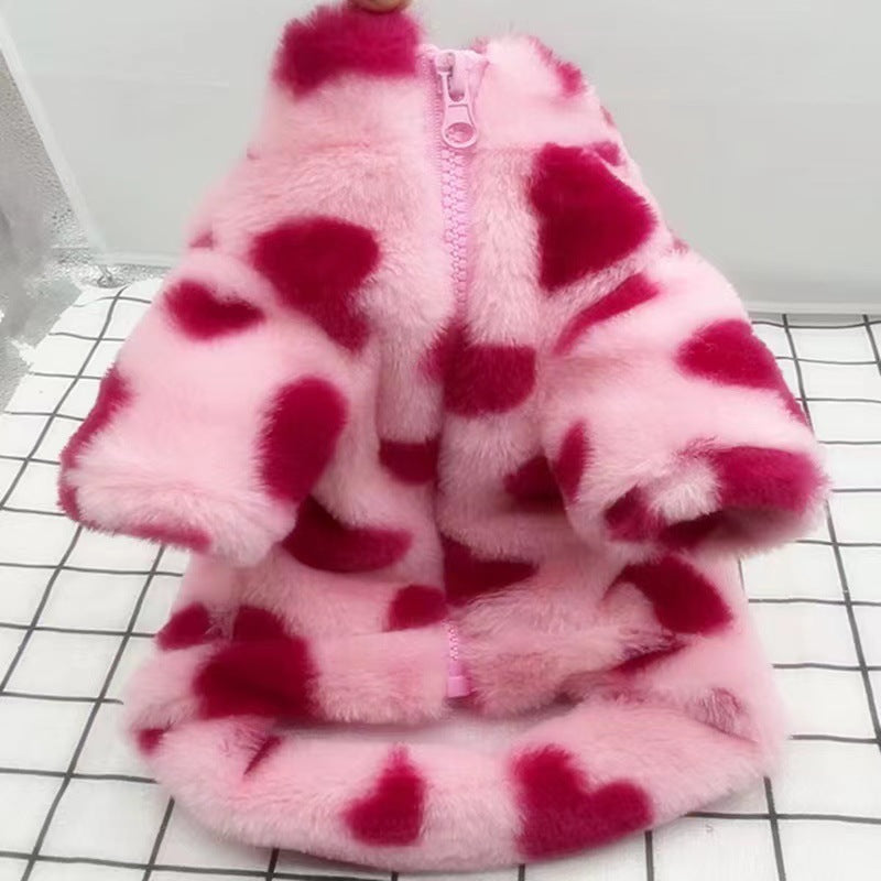 KFX-5882557 Plush Warm Coat for Small Dogs in Pink and Brown, Ideal for Teddy Bichon and Pomeranian