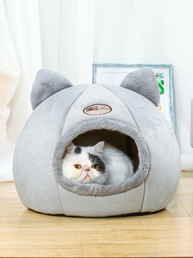 KFX-5887805 Cozy Enclosed Cat Bed Nest in Arctic Velvet and Plush Material for Warm Sleeping