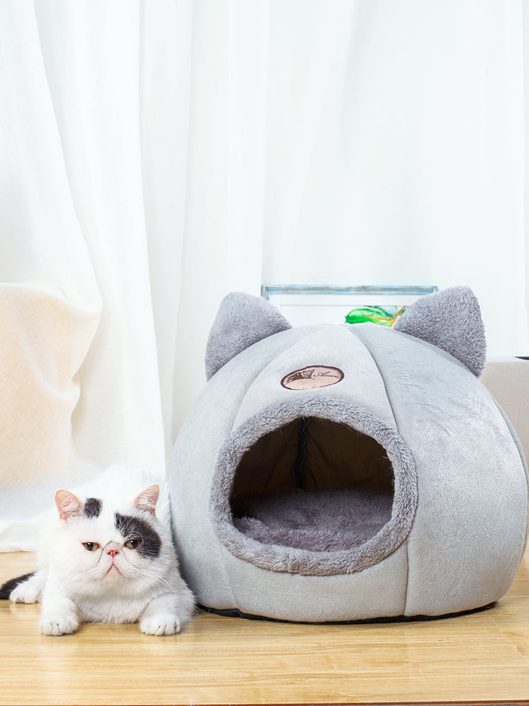 KFX-5887805 Cozy Enclosed Cat Bed Nest in Arctic Velvet and Plush Material for Warm Sleeping