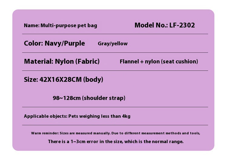 KFX-5889981 Large Capacity Soft Nylon Pet Crossbody Bag with Shoulder Strap and Poop Bag - Available in Navy Blue and Khaki