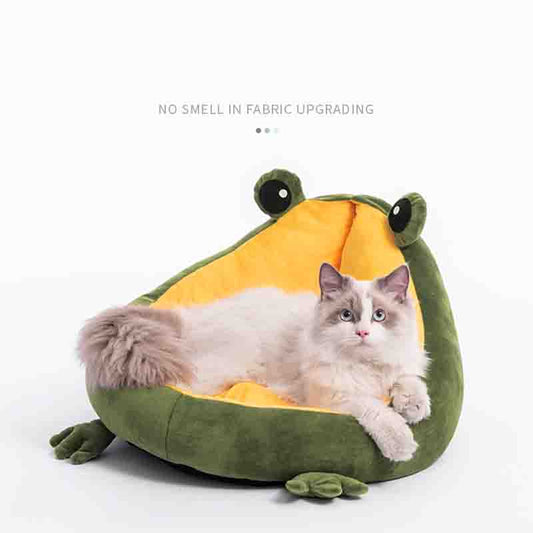 KFX-5891773 Frog Nest Winter Warm Semi-Enclosed Cat Bed in Green and Yellow, Soft Crystal Material