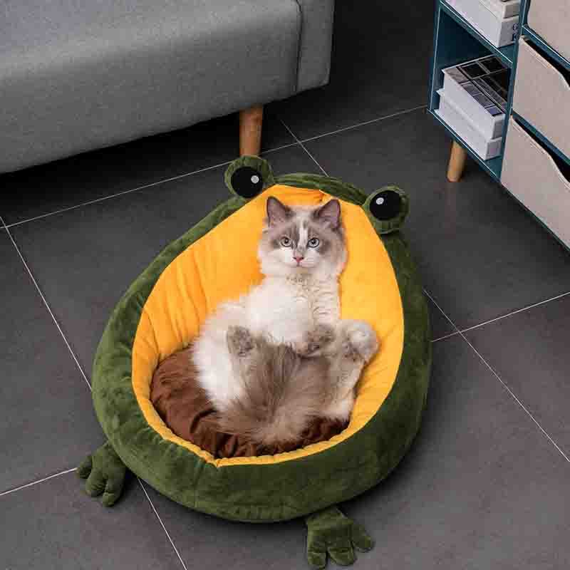 KFX-5891773 Frog Nest Winter Warm Semi-Enclosed Cat Bed in Green and Yellow, Soft Crystal Material