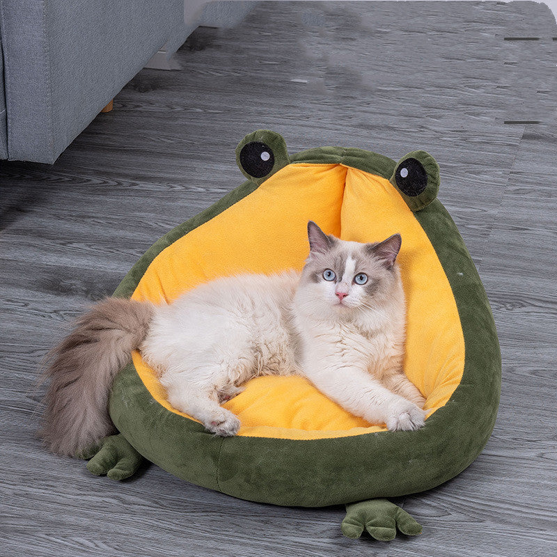 KFX-5891773 Frog Nest Winter Warm Semi-Enclosed Cat Bed in Green and Yellow, Soft Crystal Material