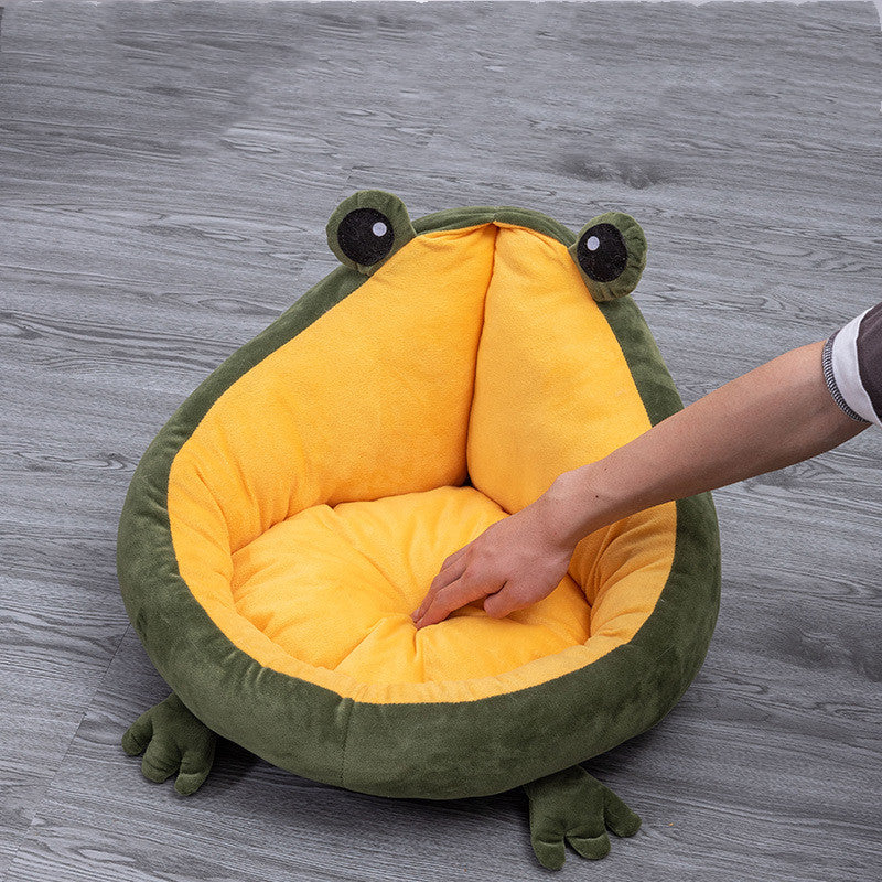 KFX-5891773 Frog Nest Winter Warm Semi-Enclosed Cat Bed in Green and Yellow, Soft Crystal Material