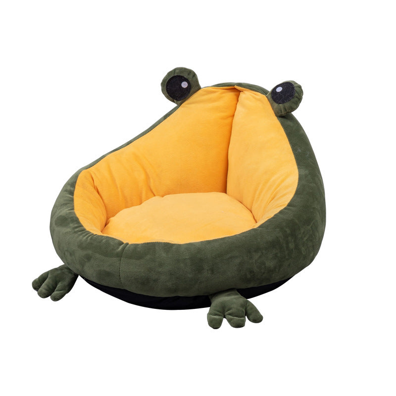 KFX-5891773 Frog Nest Winter Warm Semi-Enclosed Cat Bed in Green and Yellow, Soft Crystal Material
