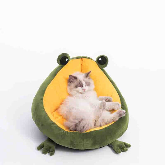 KFX-5891773 Frog Nest Winter Warm Semi-Enclosed Cat Bed in Green and Yellow, Soft Crystal Material