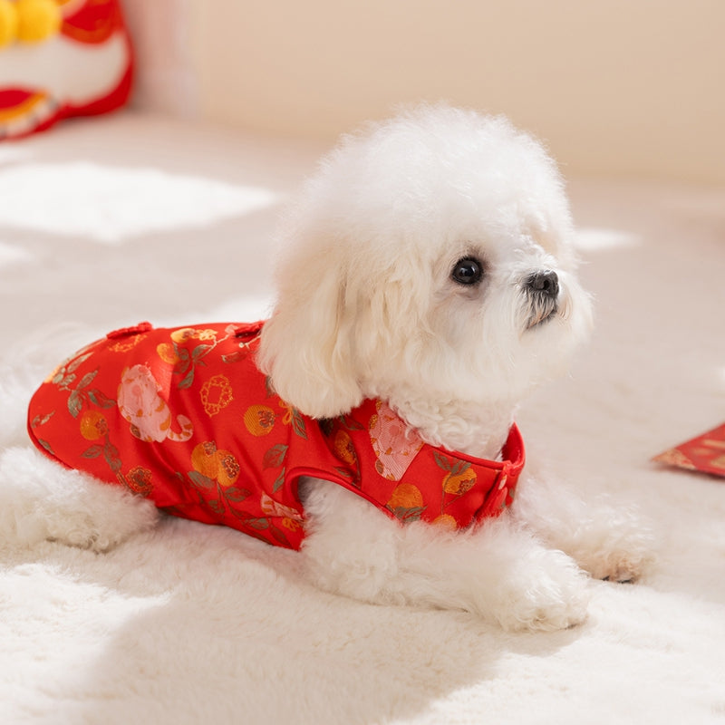 KFX-5892285 Red Floral Cheongsam Pet Vest with Knot Buttons for Lunar New Year Celebrations