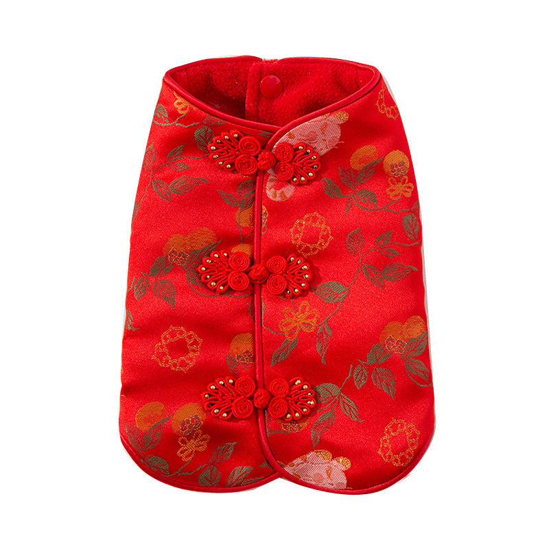 KFX-5892285 Red Floral Cheongsam Pet Vest with Knot Buttons for Lunar New Year Celebrations