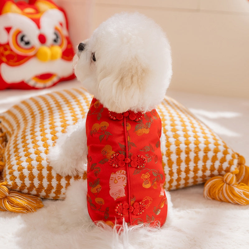 KFX-5892285 Red Floral Cheongsam Pet Vest with Knot Buttons for Lunar New Year Celebrations