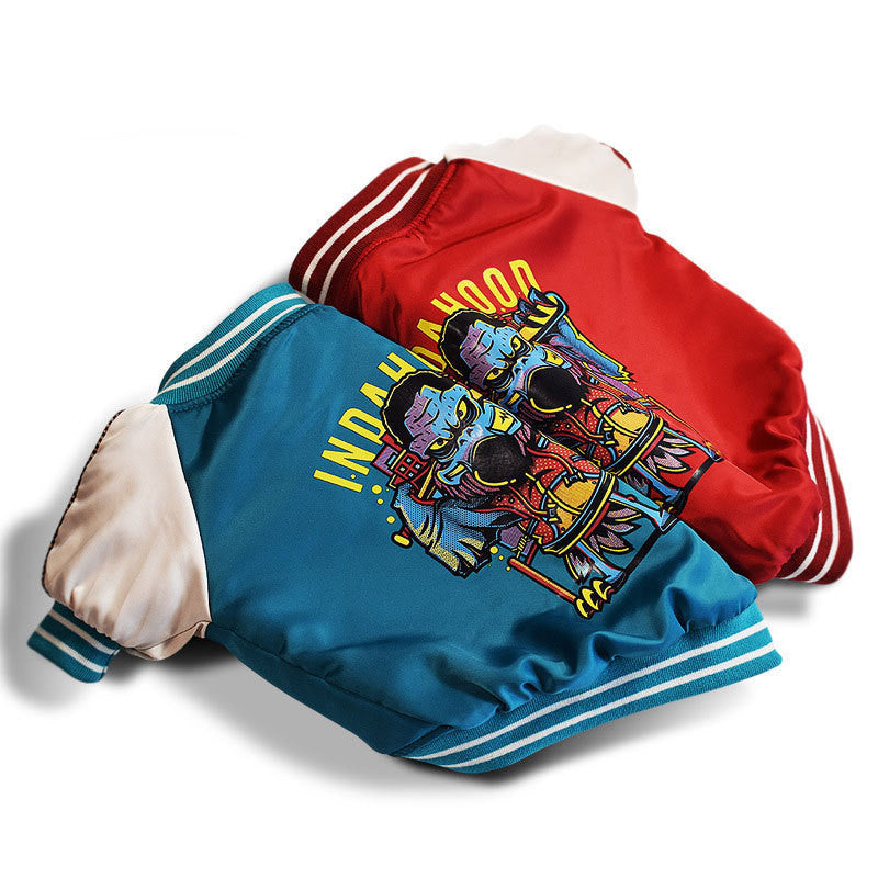 KFX-5898557 Stylish Two-Legged Dog Jacket in Blue and Red Cotton Blend