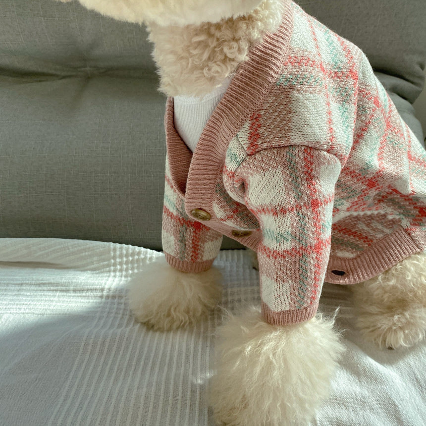 KFX-5899837 Gentle Pink Wool Cardigan Sweater for Small Dogs - Warm and Cozy Winter Wear
