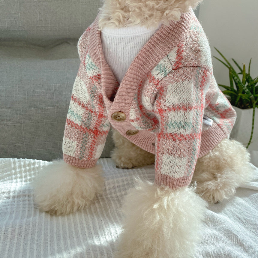 KFX-5899837 Gentle Pink Wool Cardigan Sweater for Small Dogs - Warm and Cozy Winter Wear