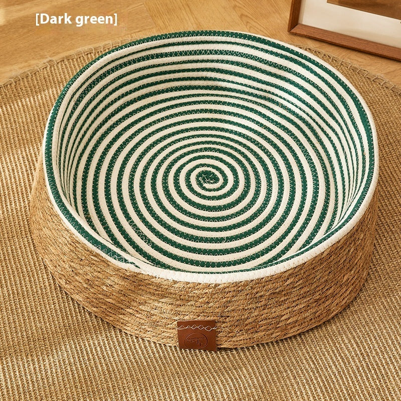 KFX-5902909 Integrated PE Rattan Cat Scratch Board and Bed – Wear-Resistant Design in Dark Green and Brown, Multiple Sizes Available