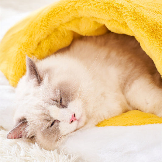 KFX-5903293 Cozy Plush Cat Sleeping Bag in Poached Egg Shape for Winter Warmth