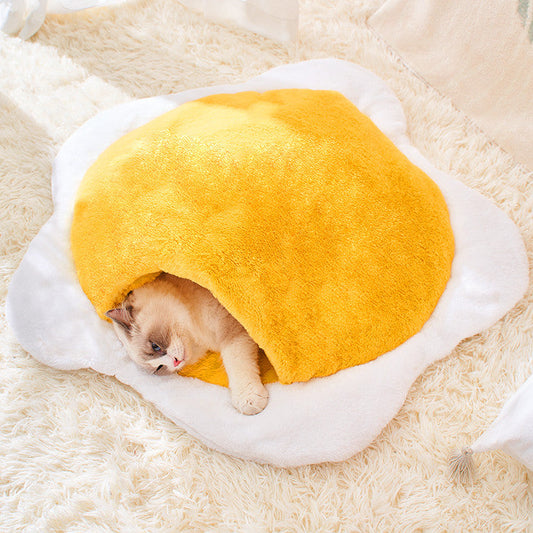 KFX-5903293 Cozy Plush Cat Sleeping Bag in Poached Egg Shape for Winter Warmth