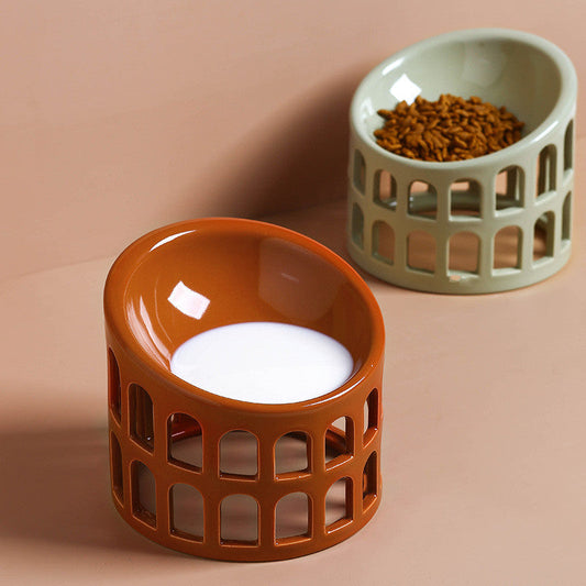 KFX-5905213 Ceramic High-Foot Oblique Neck Pet Bowl in Matcha Green, Retro Brown Red, Sakura Pink