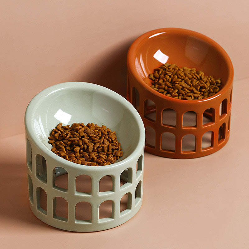 KFX-5905213 Ceramic High-Foot Oblique Neck Pet Bowl in Matcha Green, Retro Brown Red, Sakura Pink