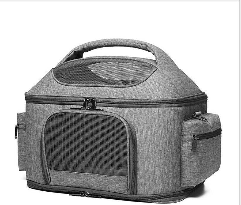KFX-5905469 Portable Cat Carrier Bag in Gray & Green - Lightweight Linen, One-Shoulder Design, 42x34x30cm