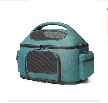 KFX-5905469 Portable Cat Carrier Bag in Gray & Green - Lightweight Linen, One-Shoulder Design, 42x34x30cm