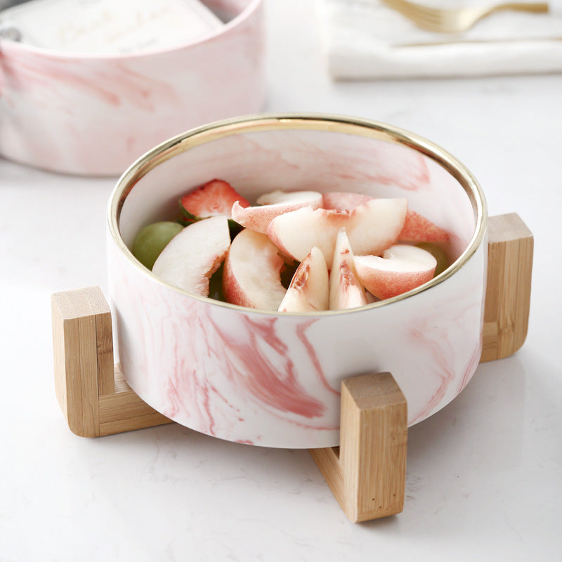 KFX-5914941 Ceramic Cat Bowl with Wooden Stand - Marble Pattern Options for Cats and Puppies
