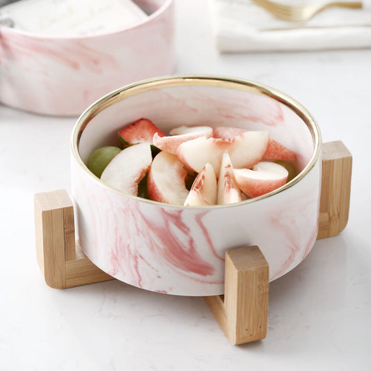 KFX-5914941 Ceramic Cat Bowl with Wooden Stand - Marble Pattern Options for Cats and Puppies