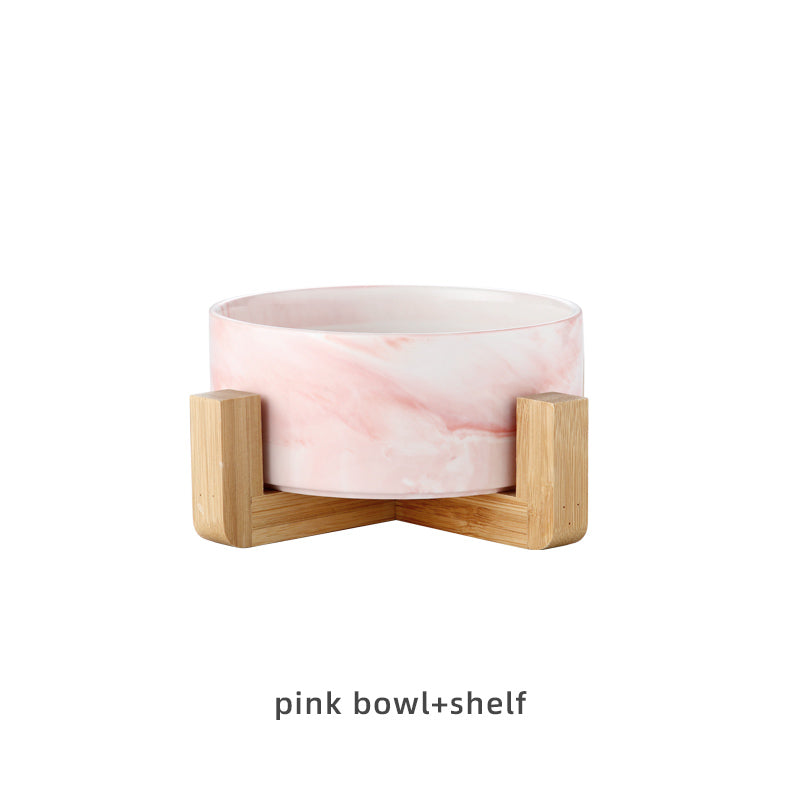 KFX-5914941 Ceramic Cat Bowl with Wooden Stand - Marble Pattern Options for Cats and Puppies