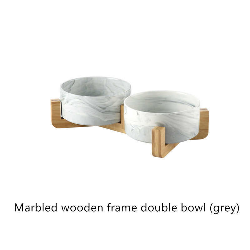 KFX-5914941 Ceramic Cat Bowl with Wooden Stand - Marble Pattern Options for Cats and Puppies