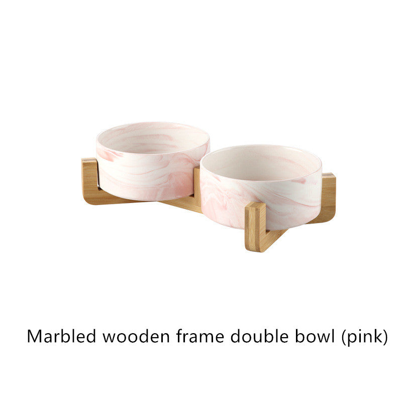 KFX-5914941 Ceramic Cat Bowl with Wooden Stand - Marble Pattern Options for Cats and Puppies