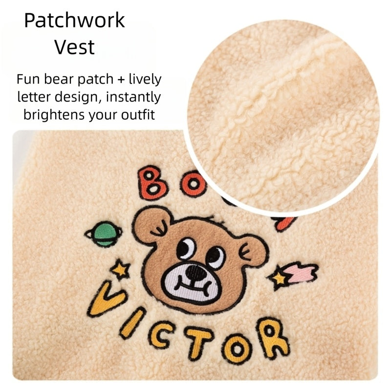 KFX-5919293 Warm Sherpa Vest for Large & Medium Dogs - Beige with Bear Pattern