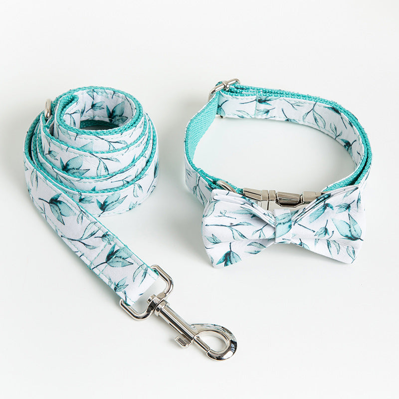 KFX-5920317 Tropical Leaves Dog Collar and Leash Set with Bow Tie, Durable Cotton Fabric with Metal Buckle