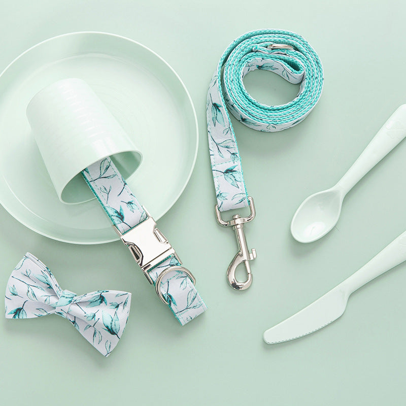 KFX-5920317 Tropical Leaves Dog Collar and Leash Set with Bow Tie, Durable Cotton Fabric with Metal Buckle