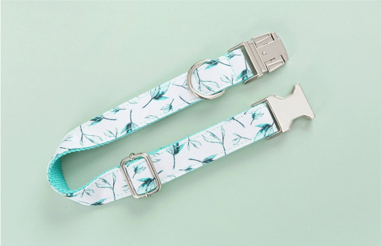 KFX-5920317 Tropical Leaves Dog Collar and Leash Set with Bow Tie, Durable Cotton Fabric with Metal Buckle