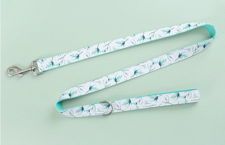 KFX-5920317 Tropical Leaves Dog Collar and Leash Set with Bow Tie, Durable Cotton Fabric with Metal Buckle