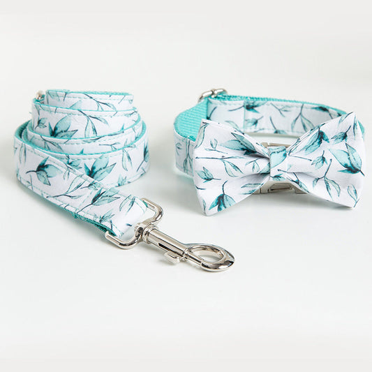KFX-5920317 Tropical Leaves Dog Collar and Leash Set with Bow Tie, Durable Cotton Fabric with Metal Buckle